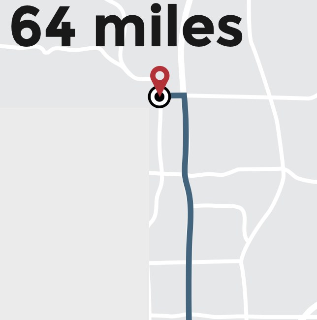 map illustrating 64 miles of driving
